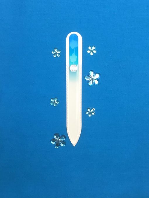 Engraved Blue Blossoms on blue teal hue Top Notch Glass Nail File