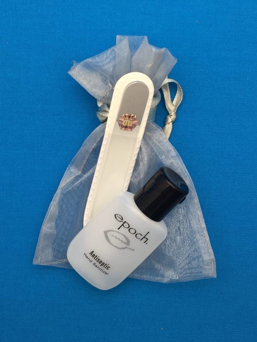 Tinsel Town SM Clean Hands features a Small Tinsel Town Glass Nail File and sample size all natural hand sanitizer by Epoch. 